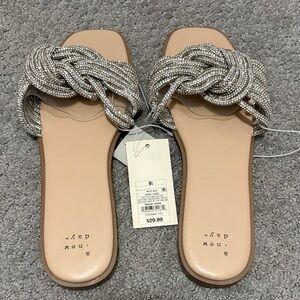 NWT A new day Silver Braided Crystal Slide Sandals - Women's 9.5